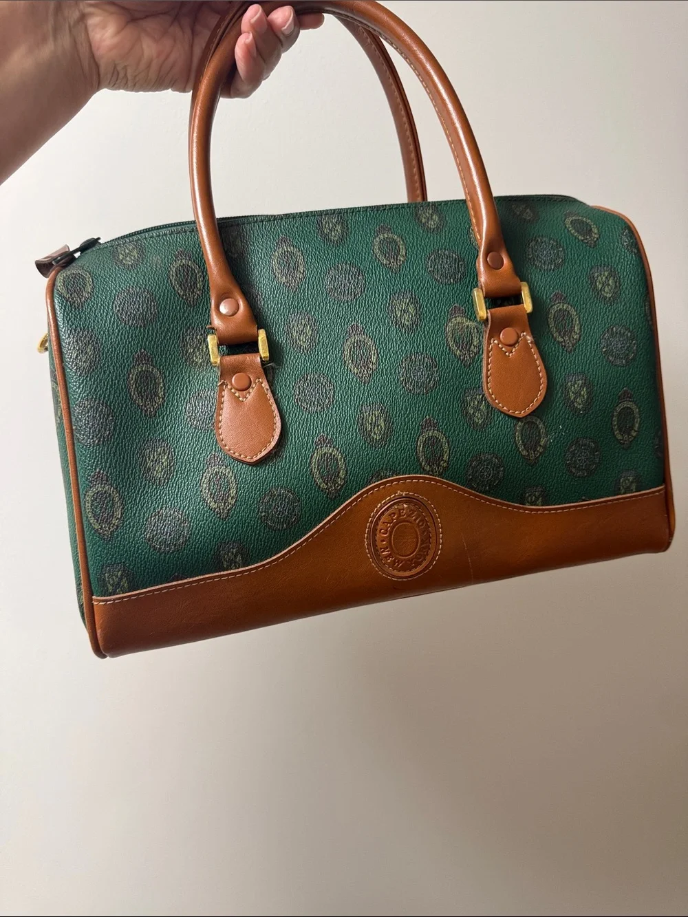 Vintage Capezio Green Patterned Satchel with Tan Trim